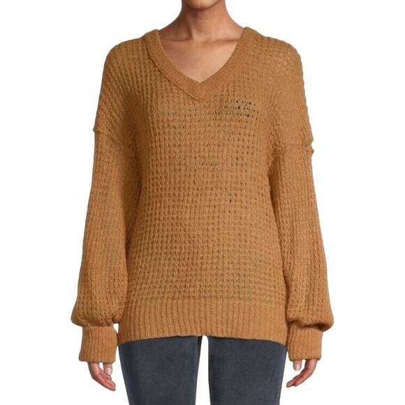 Free People Birchwood camel brown wool blend open knit sweater L - Picture 1 of 8